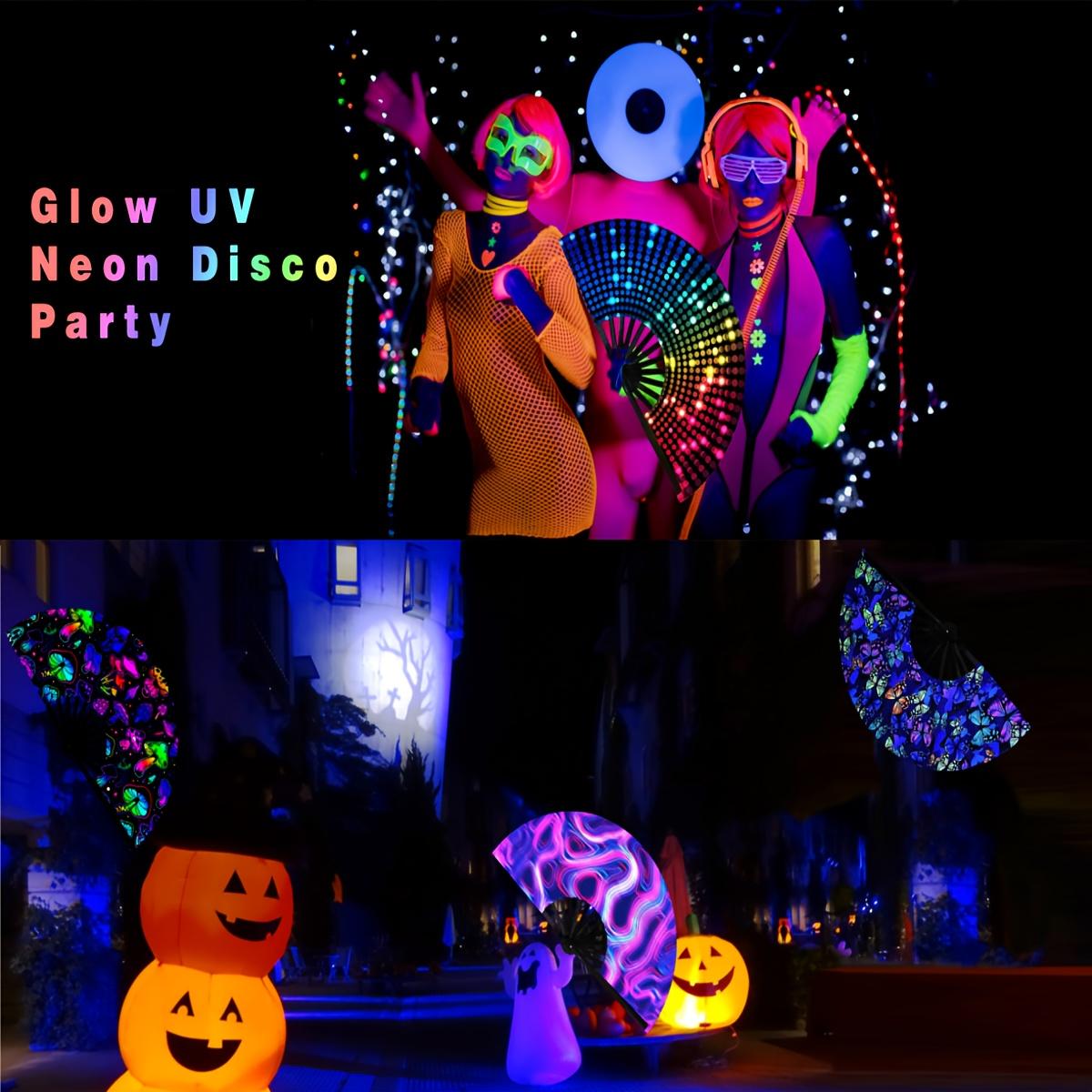 13-Inch 4D printing Neon Birthday Party Fan Blue/Silver/Rainbow/Pink/Black Glow Neon Holo graphic Hand Fan with Water-Resistant, Sweat-Proof Coating Perfect for Music Festivals, Nightclubs, Raves, Outdoor Parties & Hot Weather Events (Vibrant Neon Style)