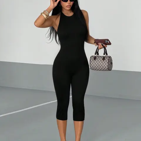 Women's European Style One-Piece Pants, Deep V Neck Backless Tight Fit Seven-Quarter Cropped Pants, Party Vacation Streetwear