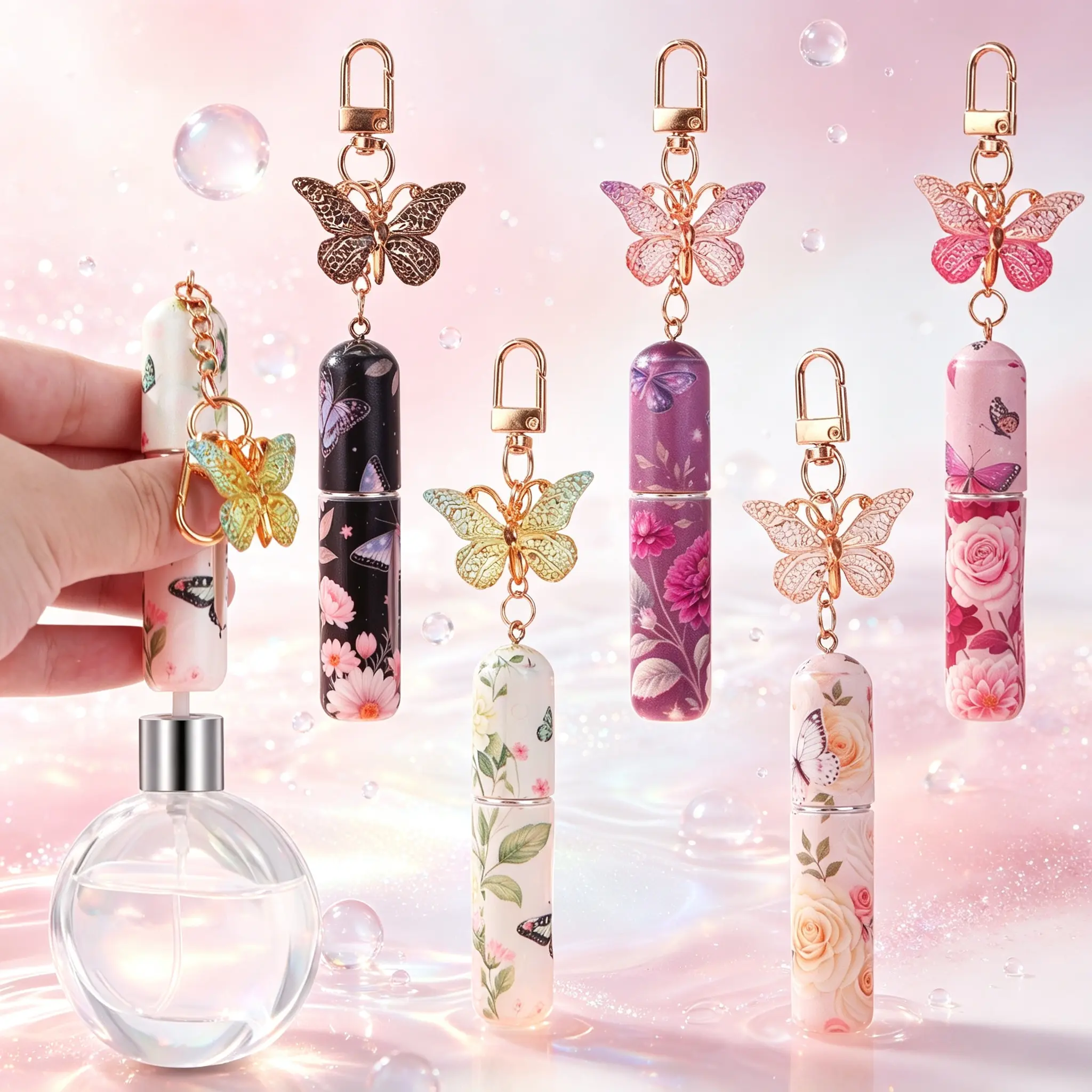 Aesthetic Vintage Rose Butterfly Hanging Spray Bottle, Easy Refill Pocket Perfume Vial, Girly Bag Charm, Mini Empty Bottle For On-the-go Fragrance & Mist