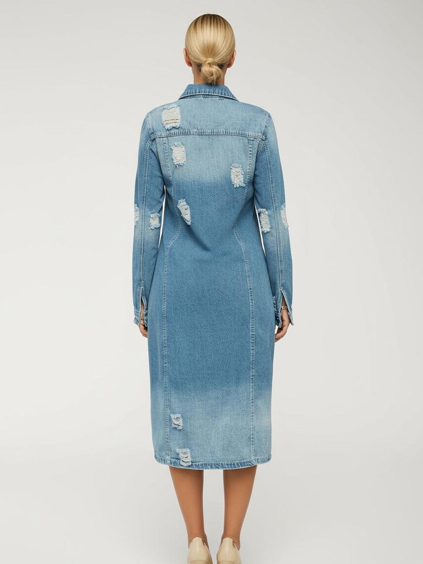 Women's Long Distressed Denim Duster Jacket Button Front Ripped Jean Coat with Pockets