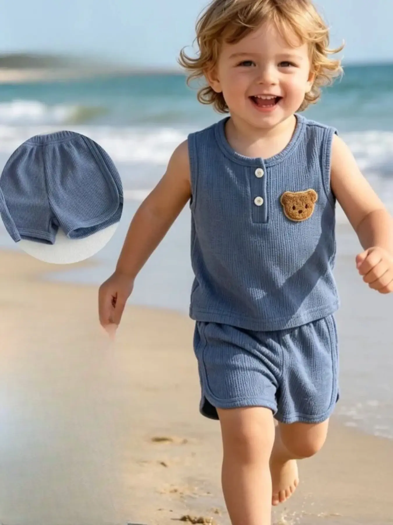 Kids Summer Set, Waffle Back Vest with Bear Head Embroidery, Durable Tank Top & Shorts, Perfect for School Season & Beach