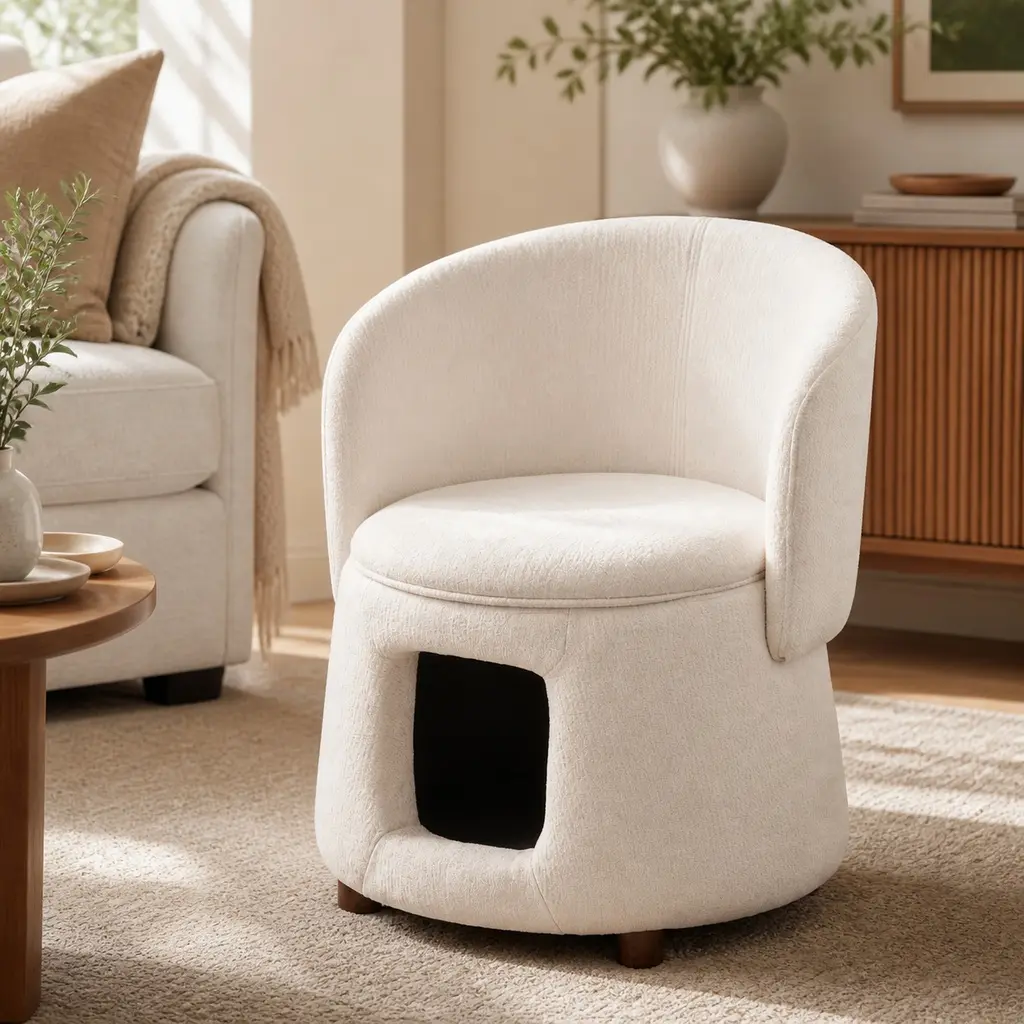 Minimalist Solid Acacia Wood Legs Pet-Friendly Armchair - Beige Fabric Upholstery, Hidden Pet Nook, Convertable Stool, Storage Seat, Foam Cushion, 220lbs Capacity, 22.4"w x 22.8"d x 29"h, Furniture for Small Spaces, Indoor Living Room Room Decor Chair