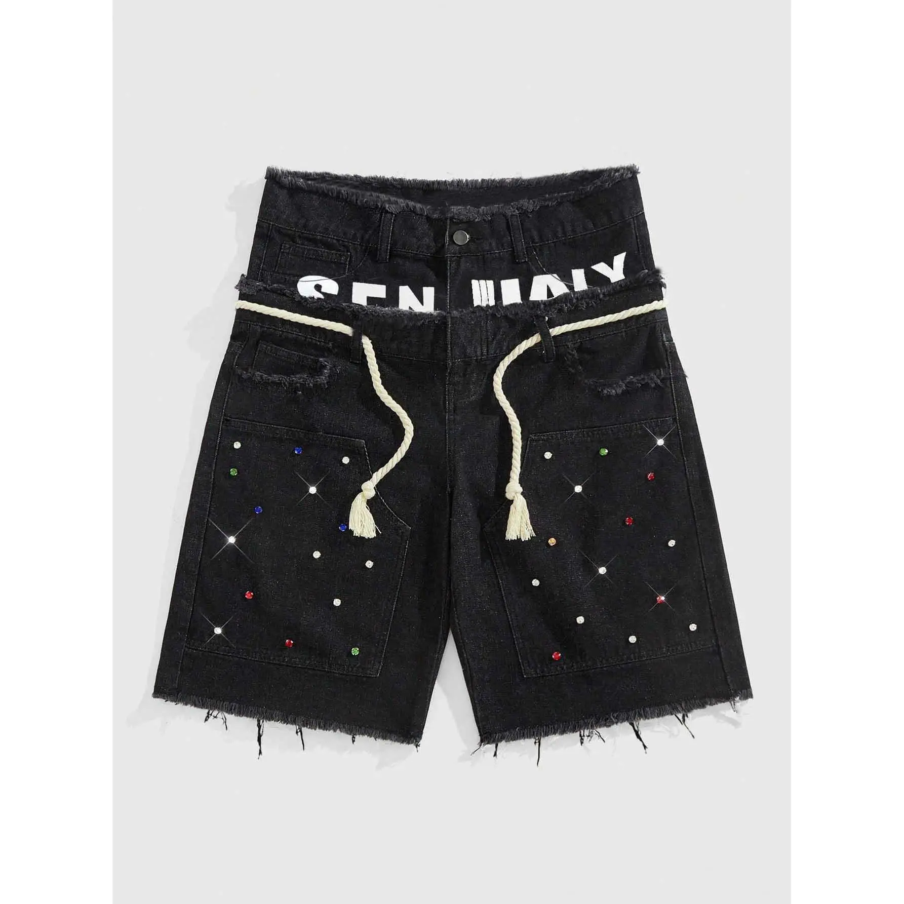 Y2K Men's Black Denim Shorts Double Waist Design Baggy Jean Shorts Drawstring Loose Fit Vintage Washed Streetwear Rhinestone Pocket Detail Frayed Hem Hip Hop Skater Summer Denim Shorts Casual Fashion Clothing