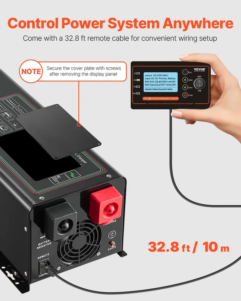 VEVOR 3000W Pure Sine Wave Inverter Charger - BL-W3024V-L, DC 24V to AC 120V, 200W+ DC Power Supply, 39.53 lbs, LCD Display, Detachable Remote Control, Battery-Compatible for Off-Grid Solar System, Boat Home