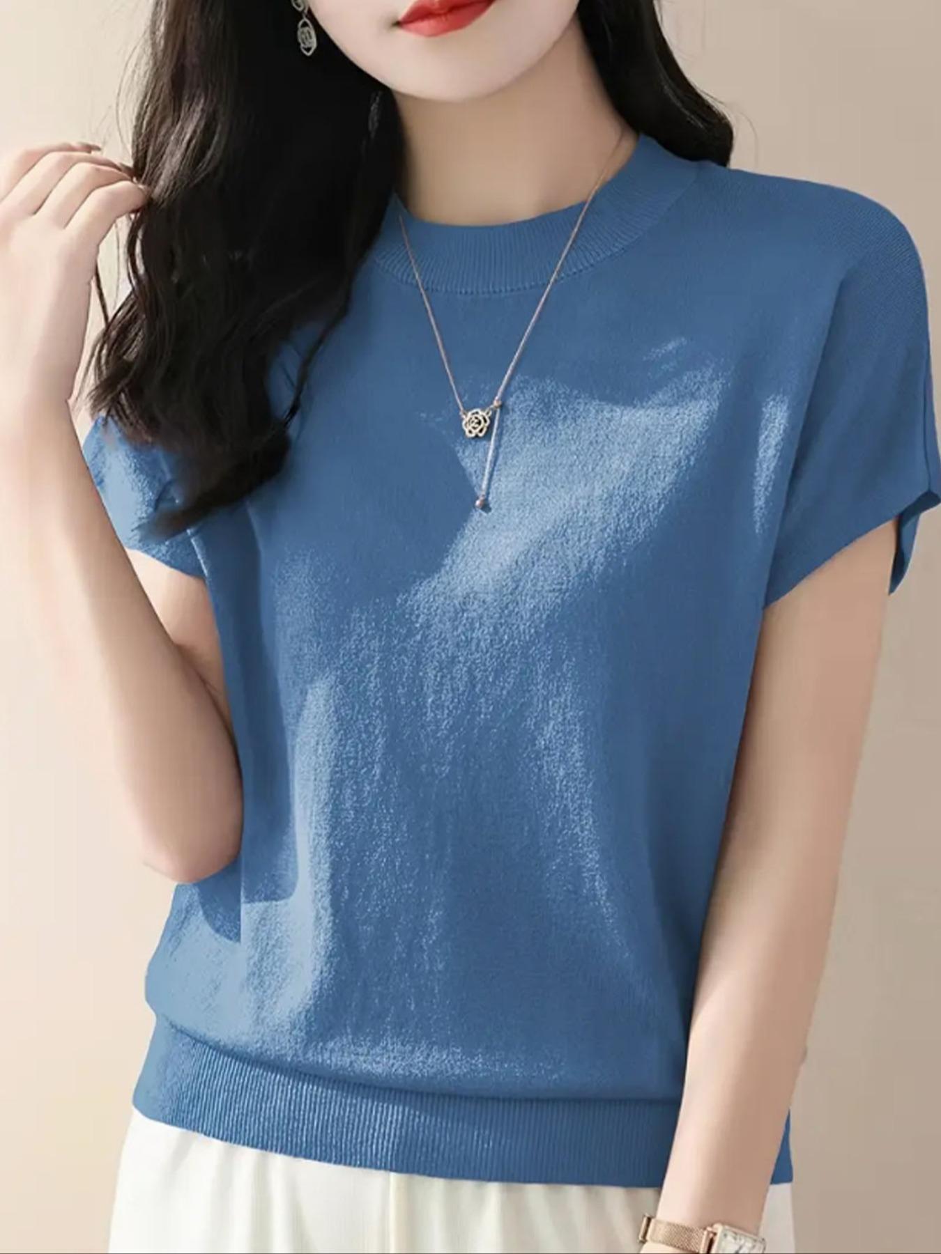 Women's Plain Round Neck Sweater Knitwear, Casual Short Sleeve Crew Neck Jumper for Summer, Fashion Women's Top for Daily Wear