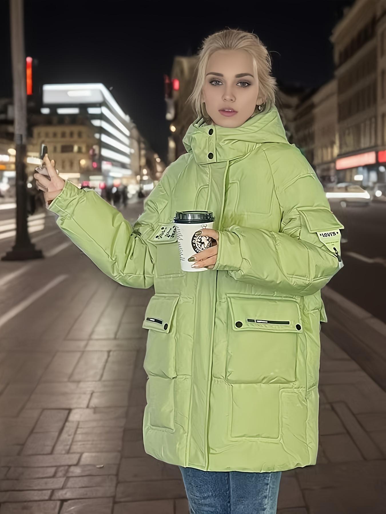 Women's Neon Green Winter Jacket - Thick Windproof Coat with Hoodie-like Collar, Mid-Length Warm Outerwear for Women, Casual Outerwear, Warm Coats For Women, Warm Coats For Women Long, Very Warm Winter Coat For Women, Warm Coat For Women, Warm Winter Coat