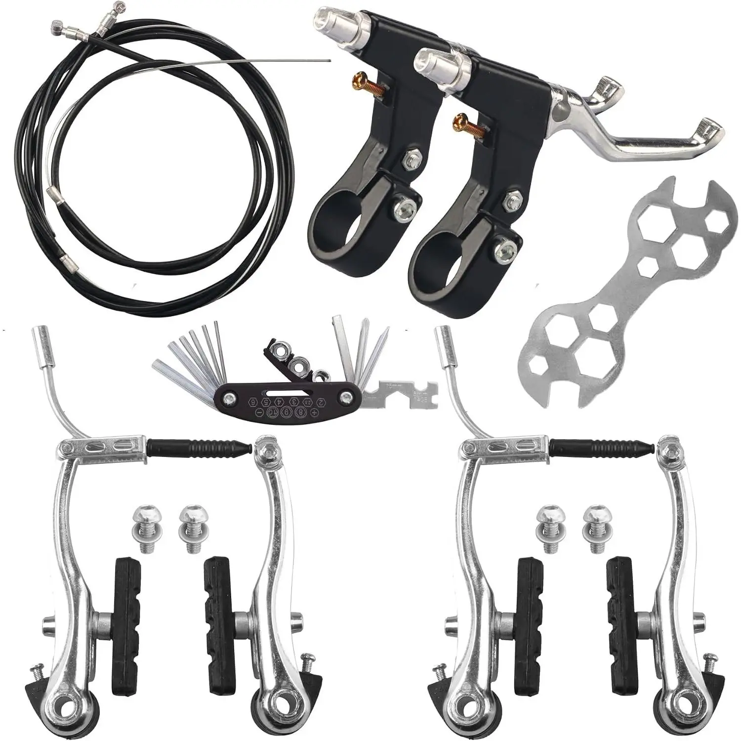 Complete Universal MTB Bike Brakes Set Front Rear with Inner Outer Callipers Cables Lever Kit Multi-Tool Wrenches Silver