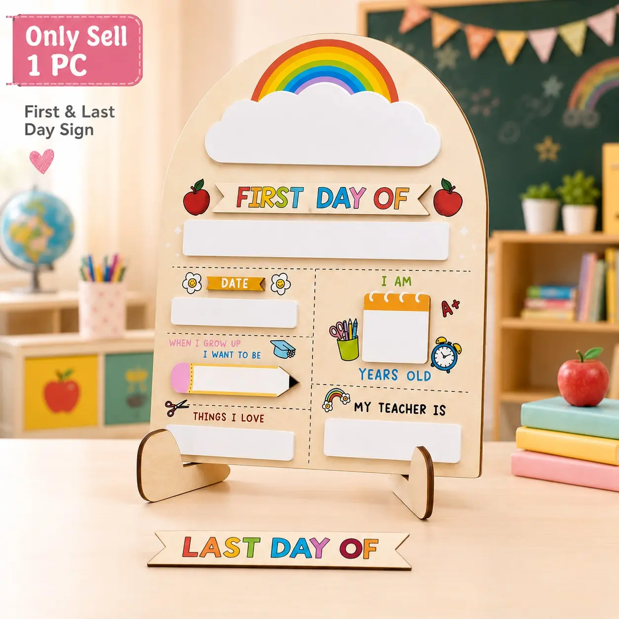 1 PC first day of school sign, Wooden material Reusable Dry Erase Milestone Board with Pink Bow, Back to School Photo Prop for Preschool, Kindergarten and Kids,  Easy to Write & Clean Board