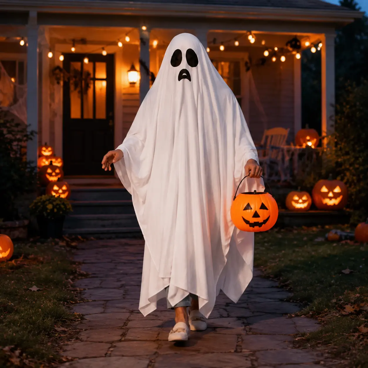Adult Ghost Costume, White Full-Length Halloween Ghost Sheet Outfit with Black Face Design and Open Arm Sides, Unisex Spooky Costume for Halloween Parties, Trick-or-Treat, Haunted House, Cosplay and Costume Photos