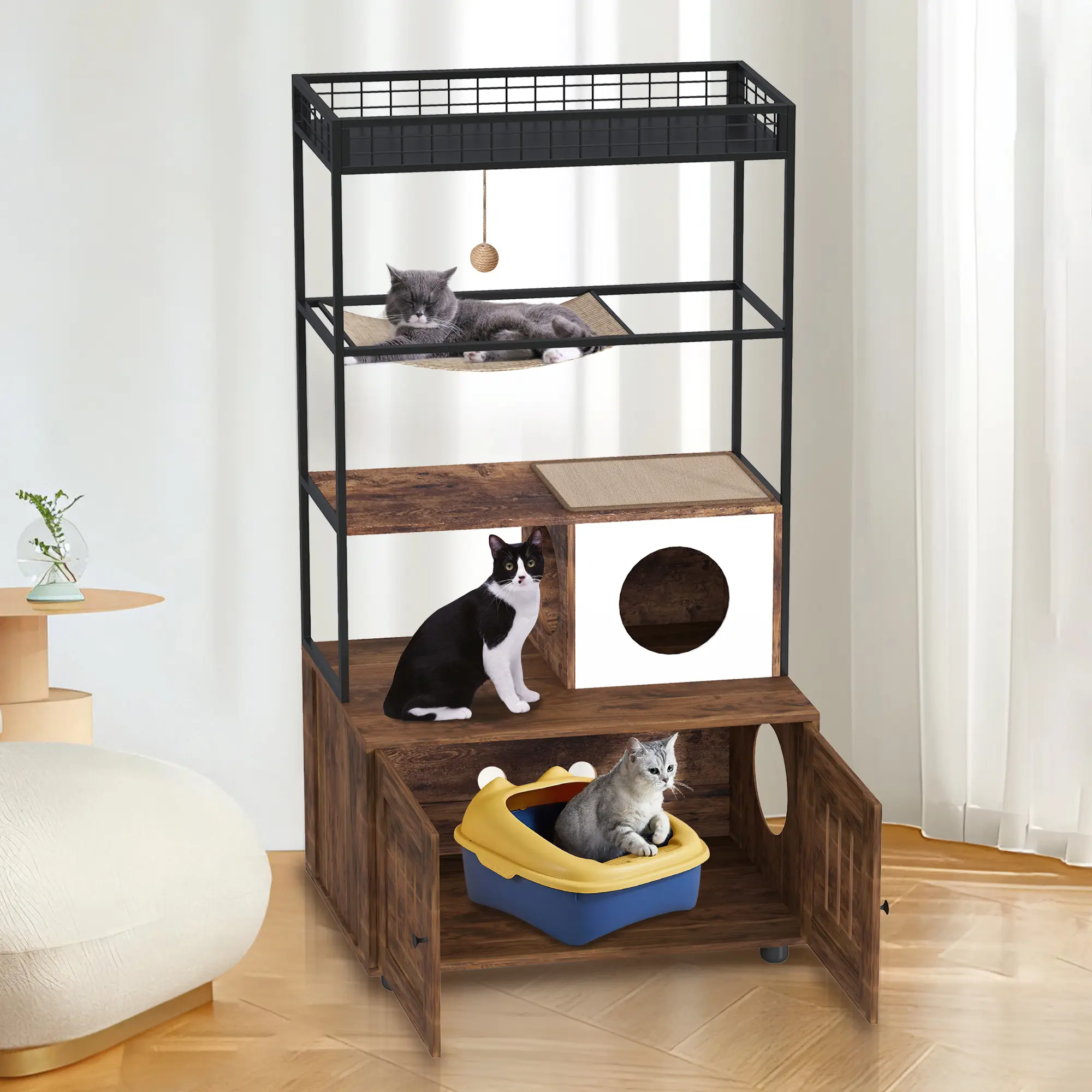 60" Cat Litter Box Enclosure, Cat House with Storage Shelf, Sisal Hammock, Cat Condo, Play Ball, and Reversible Door,Indoor Cat House,Cat Scratching Post,Pet Room Organizer