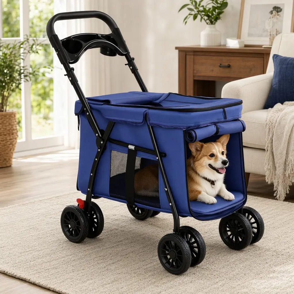 ARCH Metal Pet Stroller for Small-Medium Dogs & Cats - Foldable 4-Wheel Mobility Aid with Breathable Linen Fabric Zipper, Shockproof Wheels, Brake System, Storage Tray, Safety Leashes, All-Seasons Compact Design, Navy Blue Carbon Steel Frame