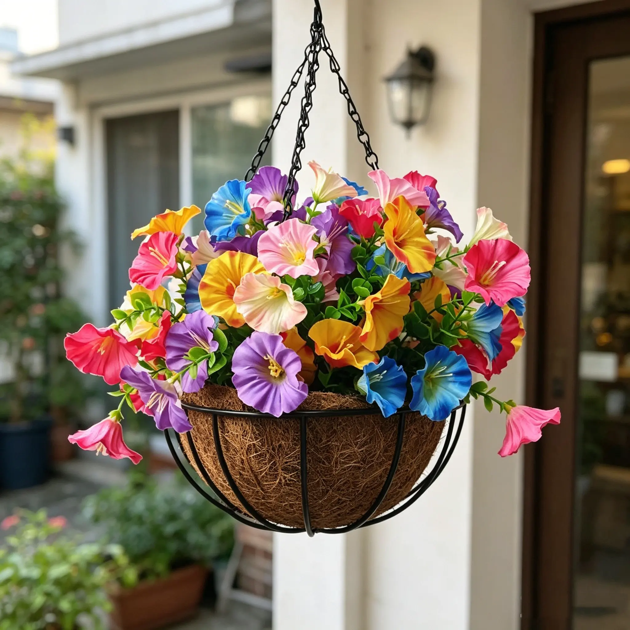 Colorful Mixed Petunia Artificial Hanging Basket, Metal Wire with Coconut Fiber Liner, Ideal for Outdoor Front Porch Decor