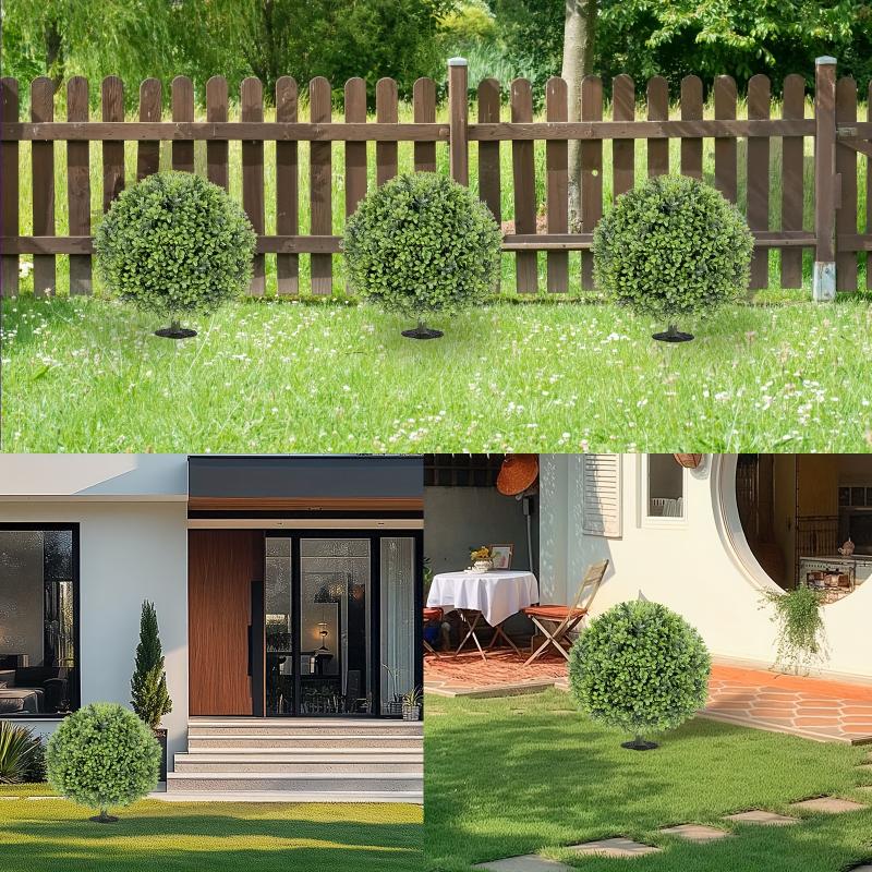 2 Pack Artificial Boxwood Topiary Ball with Lavender, Set Of 2 Artificial Shrub Bushes with Ground Spike, Fake Evergreen Tree for Porch, Artificial Plants for Outdoor Planters Indoor