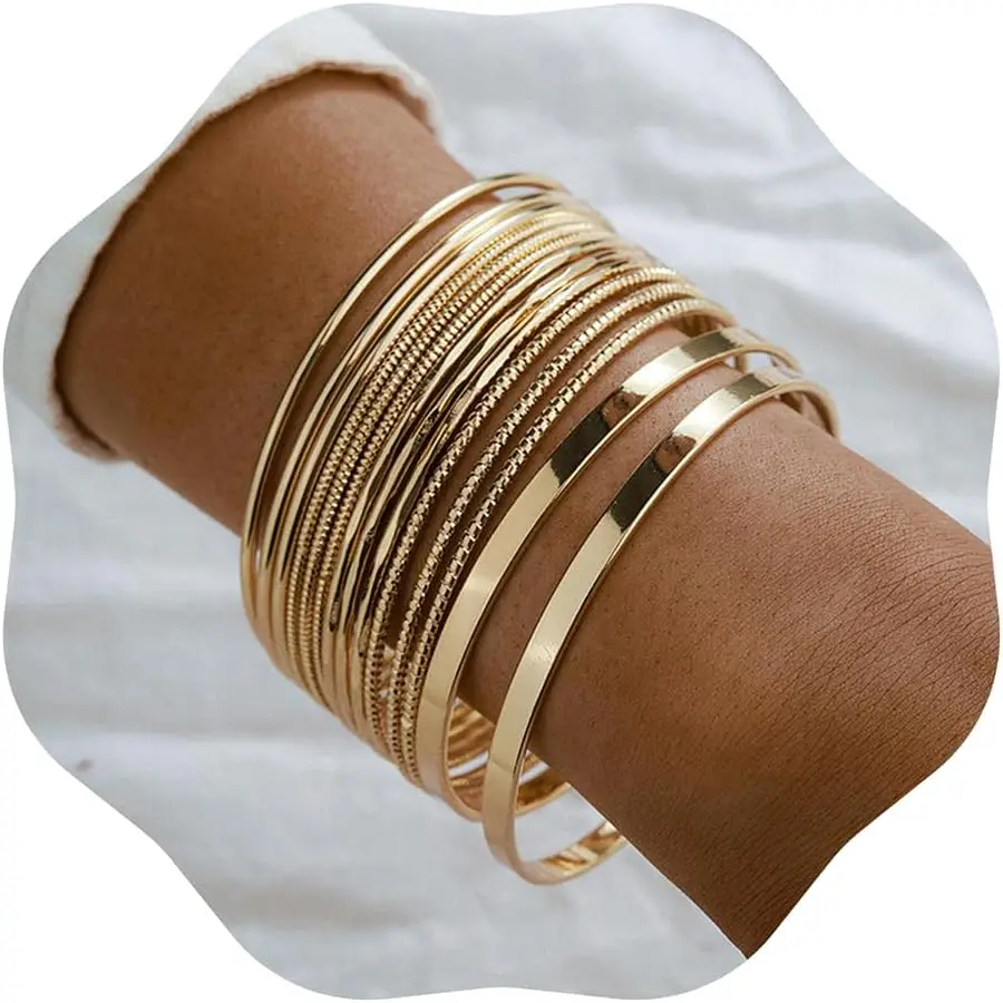 14 count Golden Boho Indian Multi Bangle Bracelet Set Punk Chunky Stackable Textured Bracelets for Women Layered  Smooth Bracelets