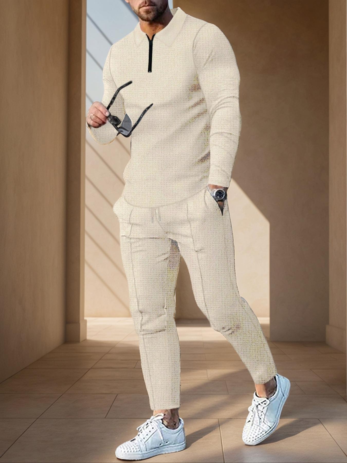 Men's Solid Color Zip Polo Shirt and Drawstring Waist Pants Set, Stylish Long Sleeve Top with Practical Pocket Design for Casual Sports