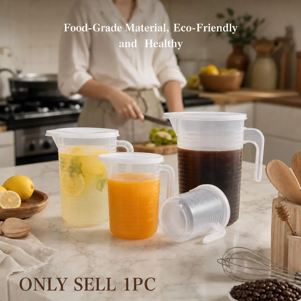 Food Grade Plastic Measuring Cup with Lid, Transparent Graduated Heat Resistant Handle, Ideal for Juice Coffee Baking Cooking Kitchen