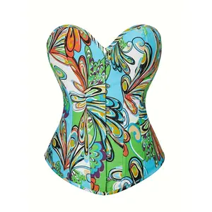 Denim Corset Retro Subculture Abstract Oil Painting Butterfly Floral Court Corset Boned Top Women