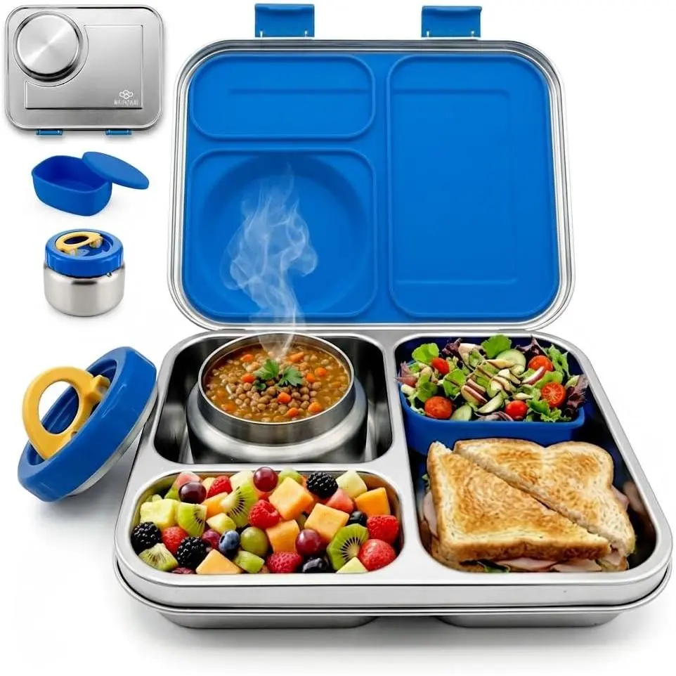 Stainless Steel Bento Lunch Box with 8 oz Insulated  Jar – 54 oz – Leak-Resistant 3-Compartment  & Adult Metal Meal Container with  Container and Thermo for Work & School,