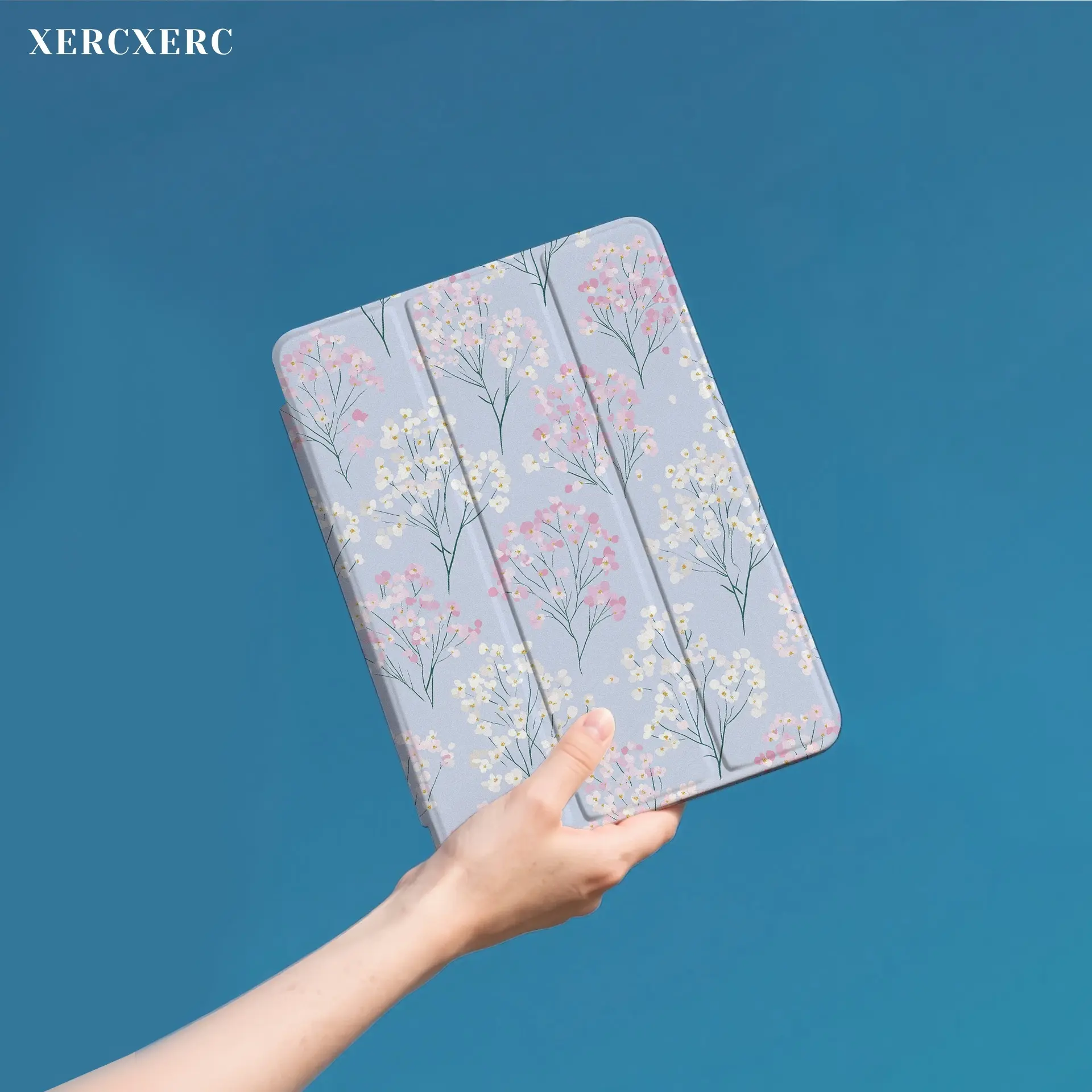 iPad Case Light Blue Background Pink White Floral Pattern Flip PU Cover TPU Soft Shell 3 Fold Stand Pen Slot Shockproof Drop Proof Auto Wake Sleep Back to School Gift for Air 11inch Pro 12.9 11 10.9 Mini 8.3