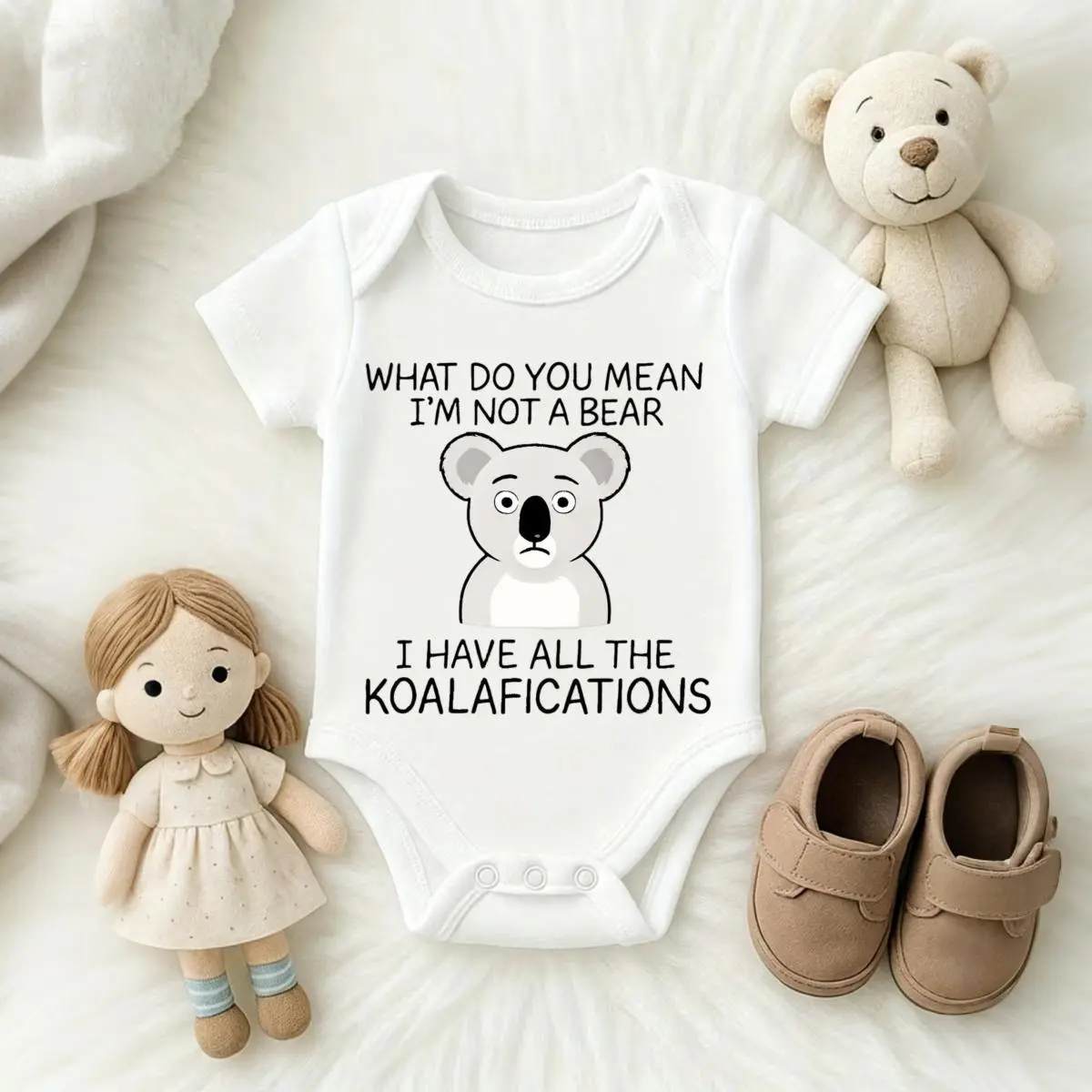 Unisex Baby Koala Cartoon All Over Print Short Sleeve Jumpsuit - Soft Cotton, Relaxed Wear, Button Closure, Breathable, Flexible Fit, Ideal For Daily Wear, 18M