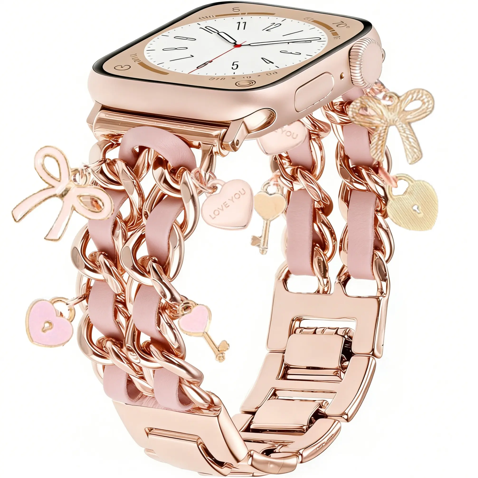 1PCS Rose Gold Cuban Link Apple Watch Band with Pink Leather Ribbon Heart Bow Lock Charms, Cute Jewelry Bracelet Strap Compatible with iWatch Series 10 9 8 7 SE Ultra 38/40/41/42/44/45/49mm for Women Girls