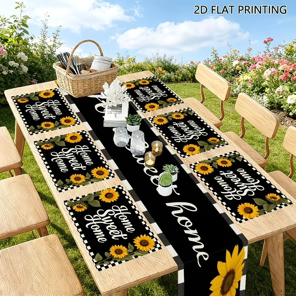 2D flat printing, 1 piece/5 piece set/7 piece set table flag placemat set, sunflower home grid pattern, seasonal table decoration, suitable for holiday parties, kitchen table decoration accessories, winter, spring, autumn decoration