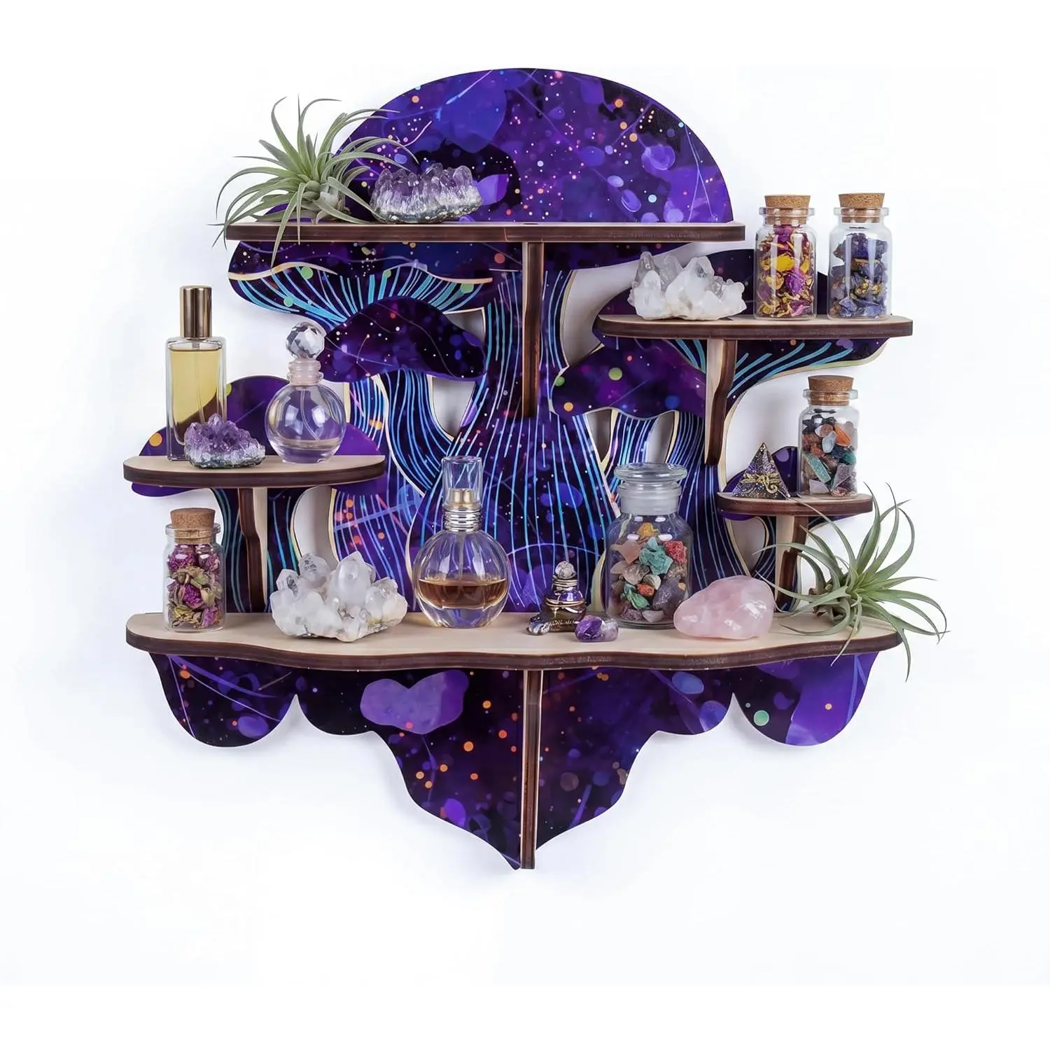Crystal Display Shelf for Witchy Mushroom Decor, Mushroom Wall Shelf for Crystals, Rocks, Gemstones & Essential Oils, 5-Compartment Gothic Altar Shelf, Trinket Shelf & Spiritual Gifts for Women