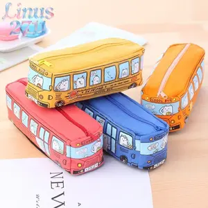 3D Cartoon School Bus Canvas Pencil Case Cute Animal Print Zipper Pen Bag Large Capacity Student Kids Back To School Stationery Storage Gift