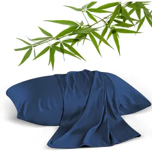 Bamboo Viscose Pillow Protectors Queen Size Set of 2, 400 Thread Count Cooling Zippered Pillowcases for Hot Sleepers & Night Sweats, Breathable Silky Soft Pillow Covers, Hotel Luxury, Navy Blue, 20x30Gift.