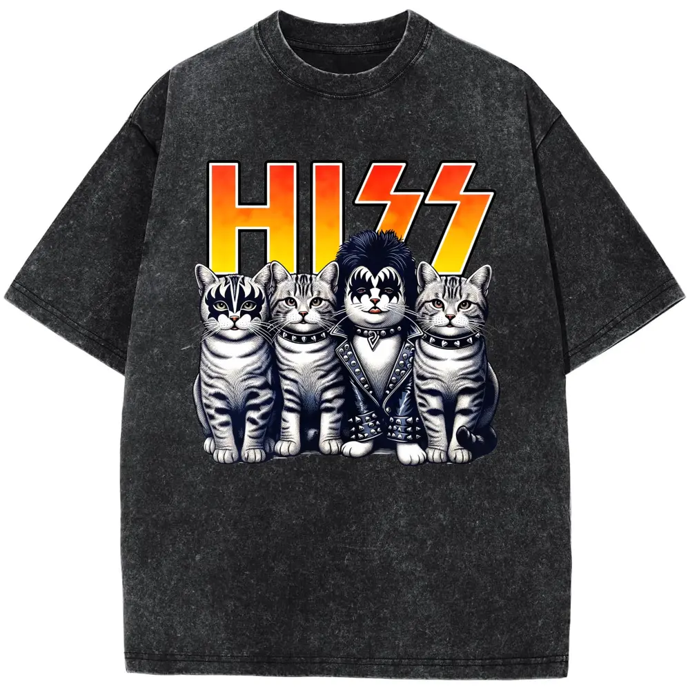 Cute Hiss Cats Rock Kittens Kitty Rocking Music Cat Lovers Unisex T-Shirt Men Women Casual Short Sleeve Graphic Fashion Fabric Menswear Oversized FittedPlus Size T-Shirt, Retro Fitness Heavyweight Washed T-Shirt, 100% Cotton