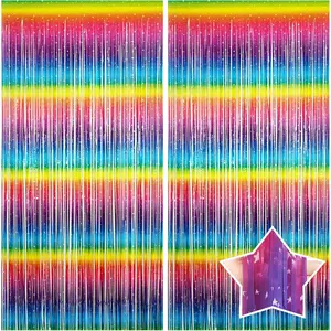 2 Pack Macaron Gradient Rainbow Foil Fringe Curtain with  , 3.3x6.6Ft Metallic Tinsel Foil Fringe Curtains Backdrop for Photo Booth, Door Streamer for Birthday Party Wedding  Shower