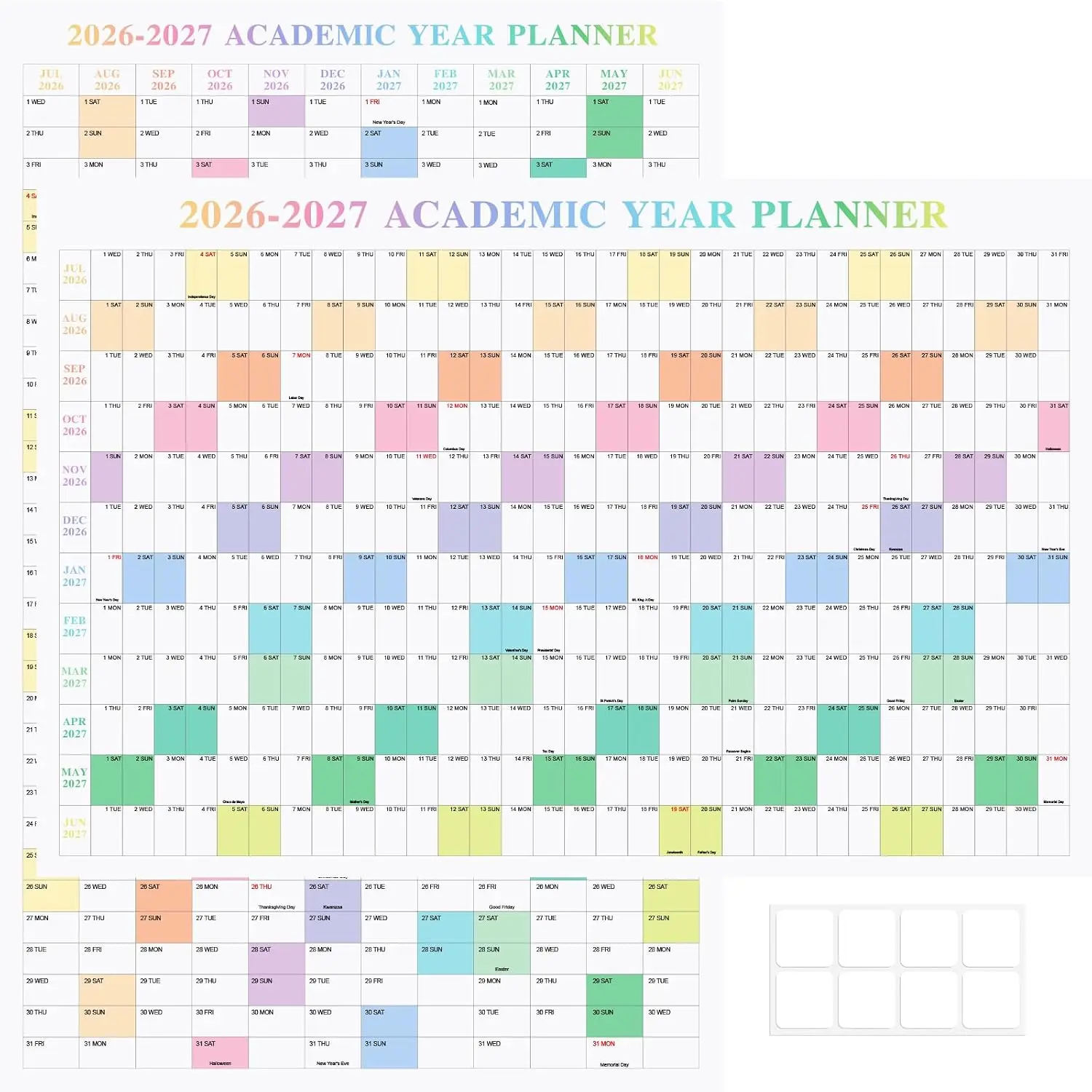 24" x 36"  2026-2027 Academic Wall Calendar, July 2026 to June 2027, Folded Large Yearly Planner 12 Months, 2-Sided Reversible Horizontal/Vertical School Office Business Year Calendar