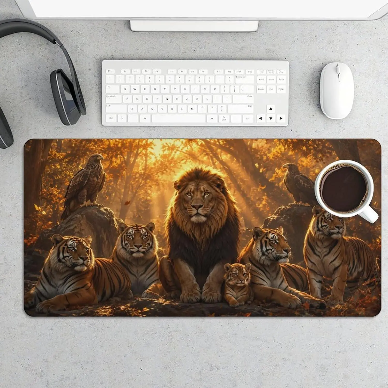 Majestic Lion and Tigers in Autumn Forest Large Mouse Pad 24"x12", Foldable Portable Non-Slip Rubber Desk Mat for Office Gaming Home Work Writing