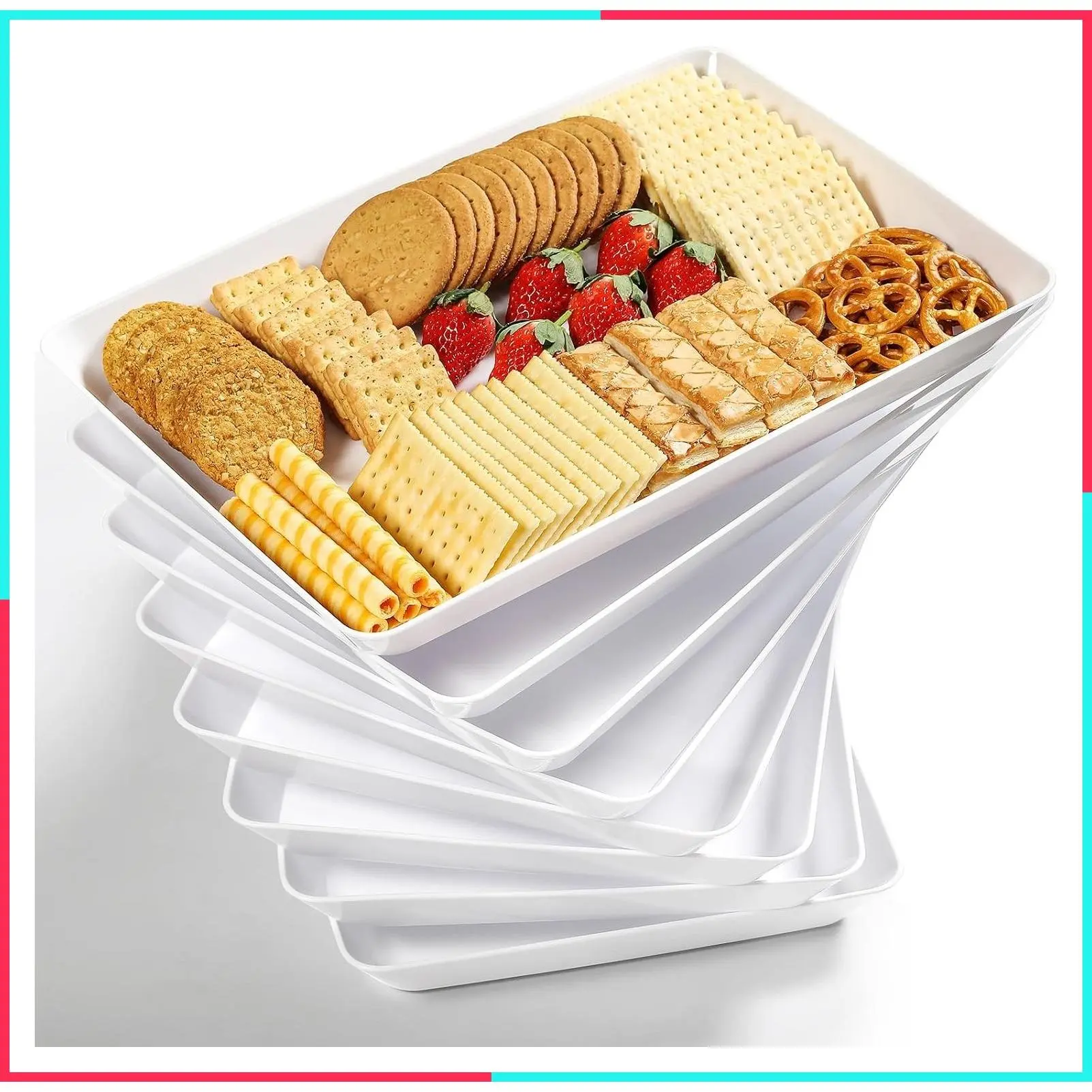 8 Pack 16" x 11" Large White Serving Trays Set - Reusable Plastic Platters for Cookies, Appetizers, Charcuterie, Snacks, Desserts, Party Food Display - Stackable Kitchen Countertop Trays, BPA Free