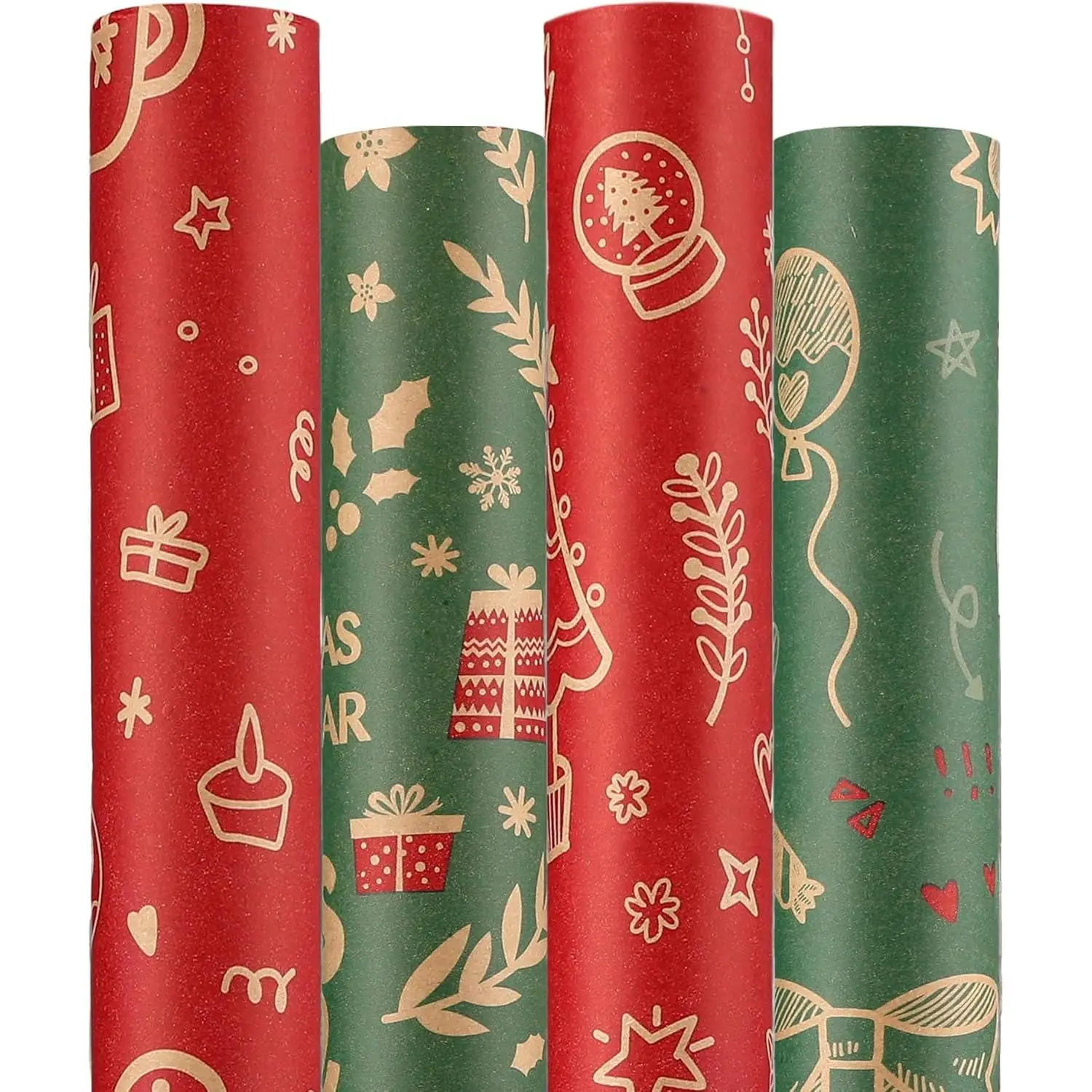 Christmas Wrapping Paper (4 Rolls: 93 sq. ft. ttl.) Kraft Set Featuring Santa Claus, Snowman & Xmas Presents, Red & Green Holiday Designs  All Gift Wrap Needs 17 Inch X 16.4 Feet Per Roll