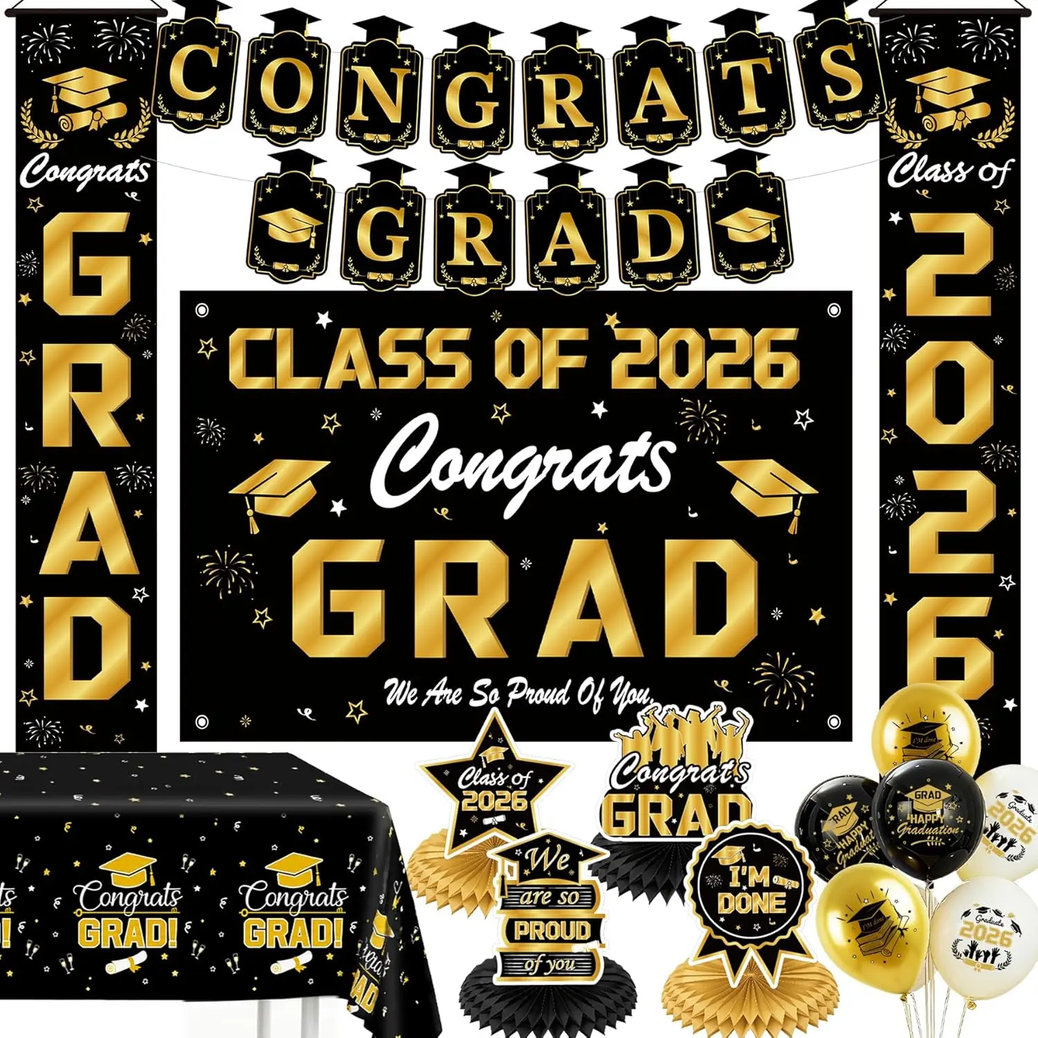 Black and Gold Graduation Decorations 2026, Class of 2026 Graduation Decorations Set with Backdrop, Tablecloth, Congrats Grad Banner, Porch Banners, Centerpieces & Balloons