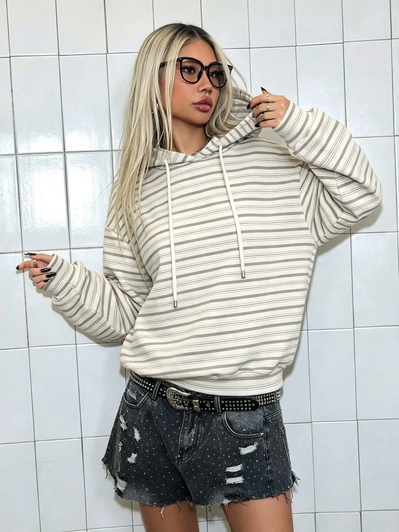 European and American Style Horizontal Striped Hoodie with Pockets, Early Autumn Trendy Relaxed Fit Slimming Drop Shoulder Long Sleeve Hoodie