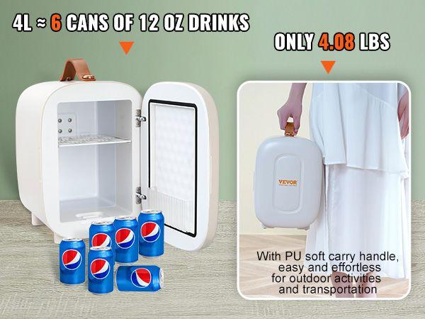 VEVOR Mini Skin Care Fridge, 4 L/6 Can Cute Makeup Fridge for Cosmetics Beverage Fruit Milk, AC/DC Cooler & Warmer, Mute Tiny Refrigerator for Bedroom Office Dorm Desk Car, ETL Certified, White