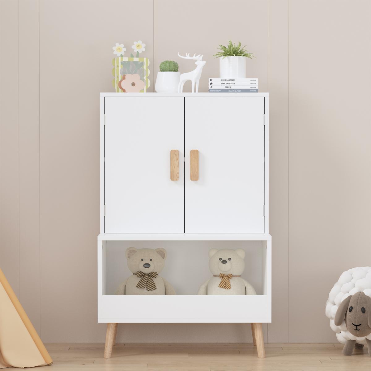 Kids Toy Storage Cabinet with Doors and Open Shelf, White Modern Wooden Organizer with Natural Wood Legs, Toddler Bookshelf for Playroom, Nursery, Bedroom