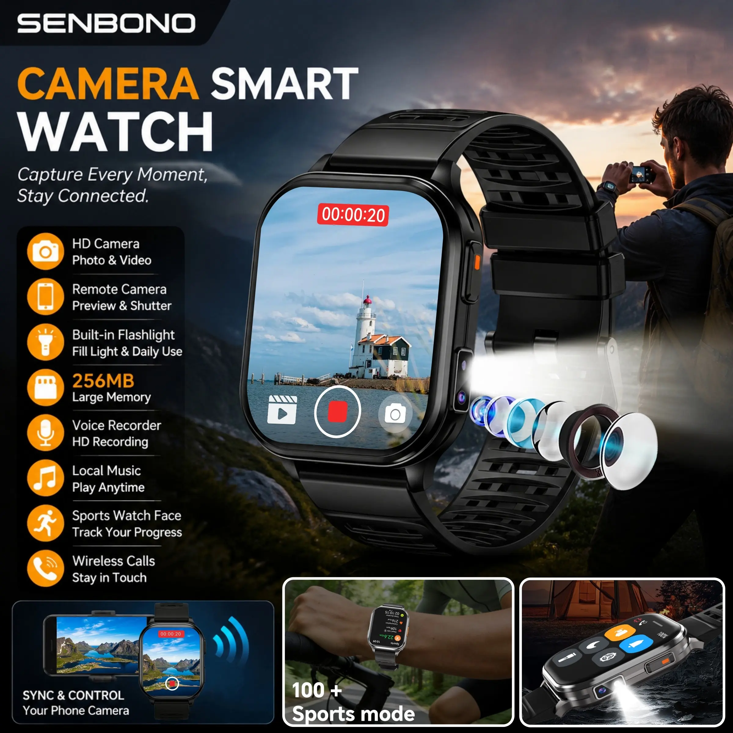 The first smartwatch capable of taking photos, recording audio and video will be launched in 2026, featuring LED flashlight function, video dial, 100 sports modes, and a sports watch. Album, recording, wireless calling, 670mAh battery life, ideal gift.