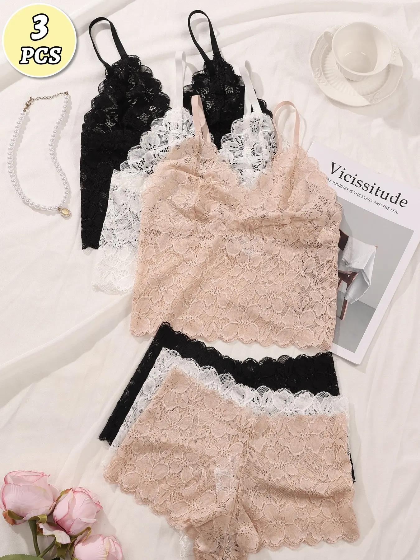 3 Piece Sexy Lace Lingerie Set for Women, Breathable Beauty Back Cami Sleepwear, 3-Piece Anti-Exposure Boyshort Set, Lace Underwear
