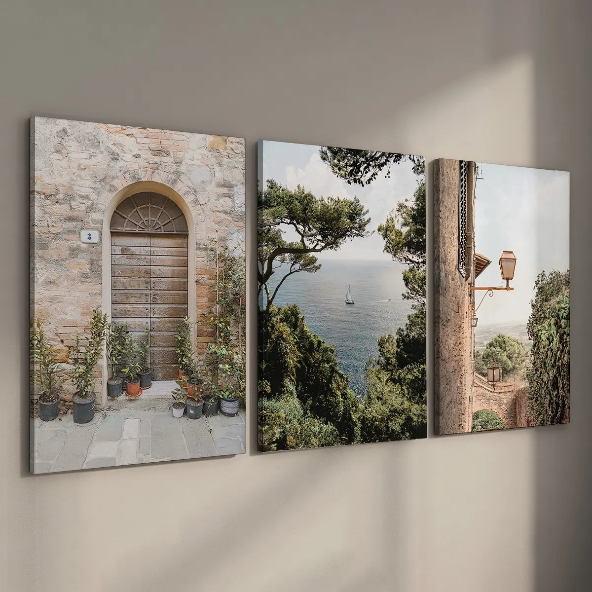 3pcs Set Italy Travel Canvas Wall Art, Stretched Framed Ready to Hang Prints, Mediterranean Countryside Painting, European Gallery Wall Decor, Rustic Italian Landscape Artwork for Living Room and Bedroom (Internal Wood Frame Included)