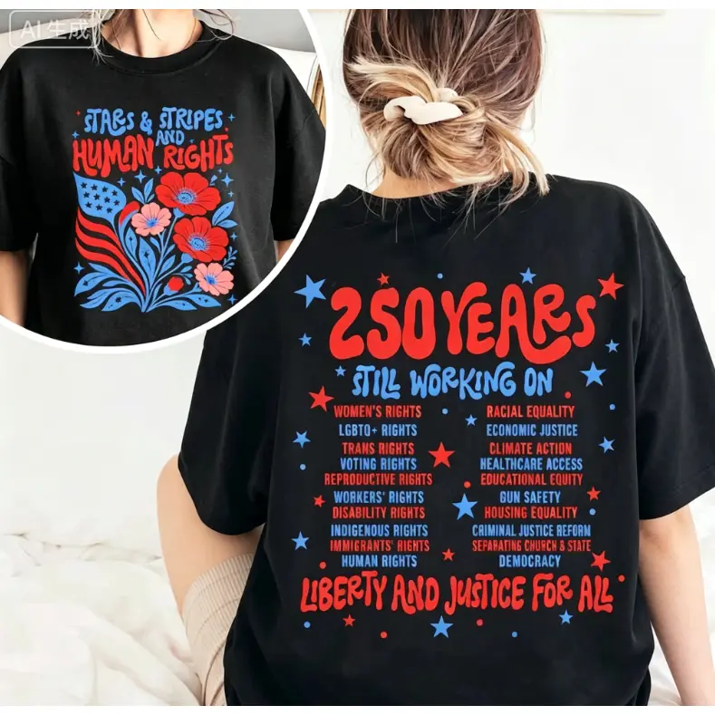 Stars & Stripes and Human Rights T-shirt, 250th Anniversary America Shirt, Patriotic Feminist, Social Justice Shirt, Independence Day Tee
