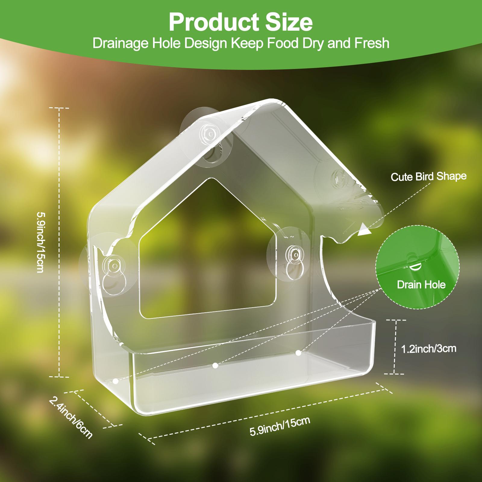 Acrylic Window Bird Feeder, Transparent Wall-Mounted Wild Bird Feeding Tray, Clear Strong Suction Cup Outdoor Feeder for Cardinals Finches Bluebirds, Weatherproof Seed Tray for Garden Patio