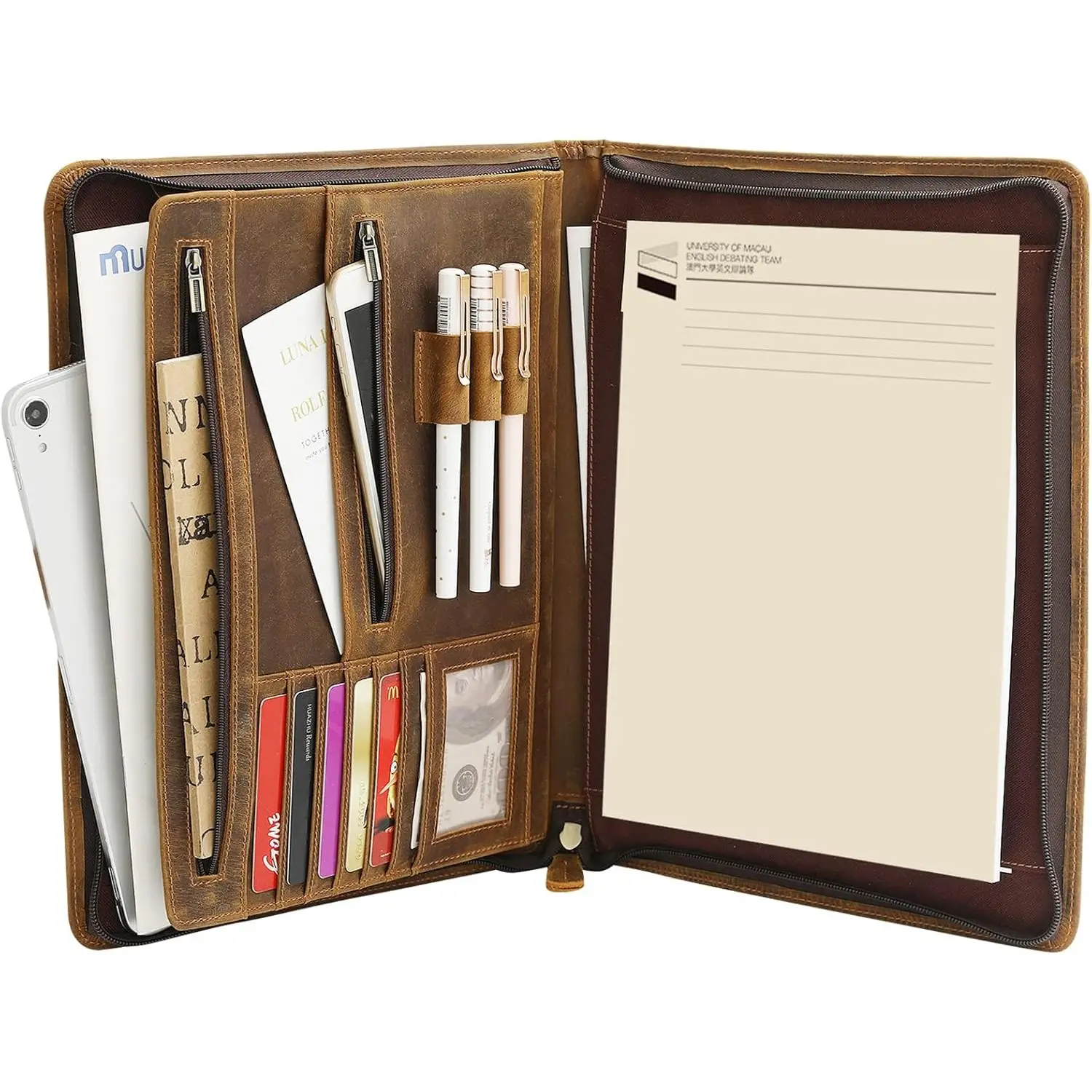 Full Grain Leather Zippered Padfolio Document Organizer - 10"x13" A4/Pad Binder, Rustic Look, Zippered Pockets, Accommodates iPad Series, Office Accessory for Business Men, Brown