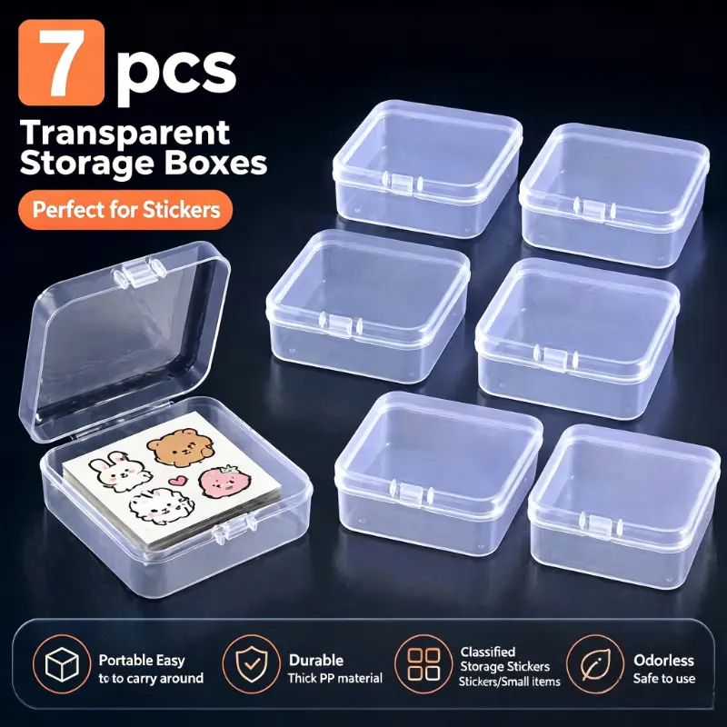 7Pcs Transparent Polypropylene Plastic Crafting Boxes with Hinged Lids - Lightweight, Smooth, Odorless PP Desk Organizers for Stickers, Jewelry