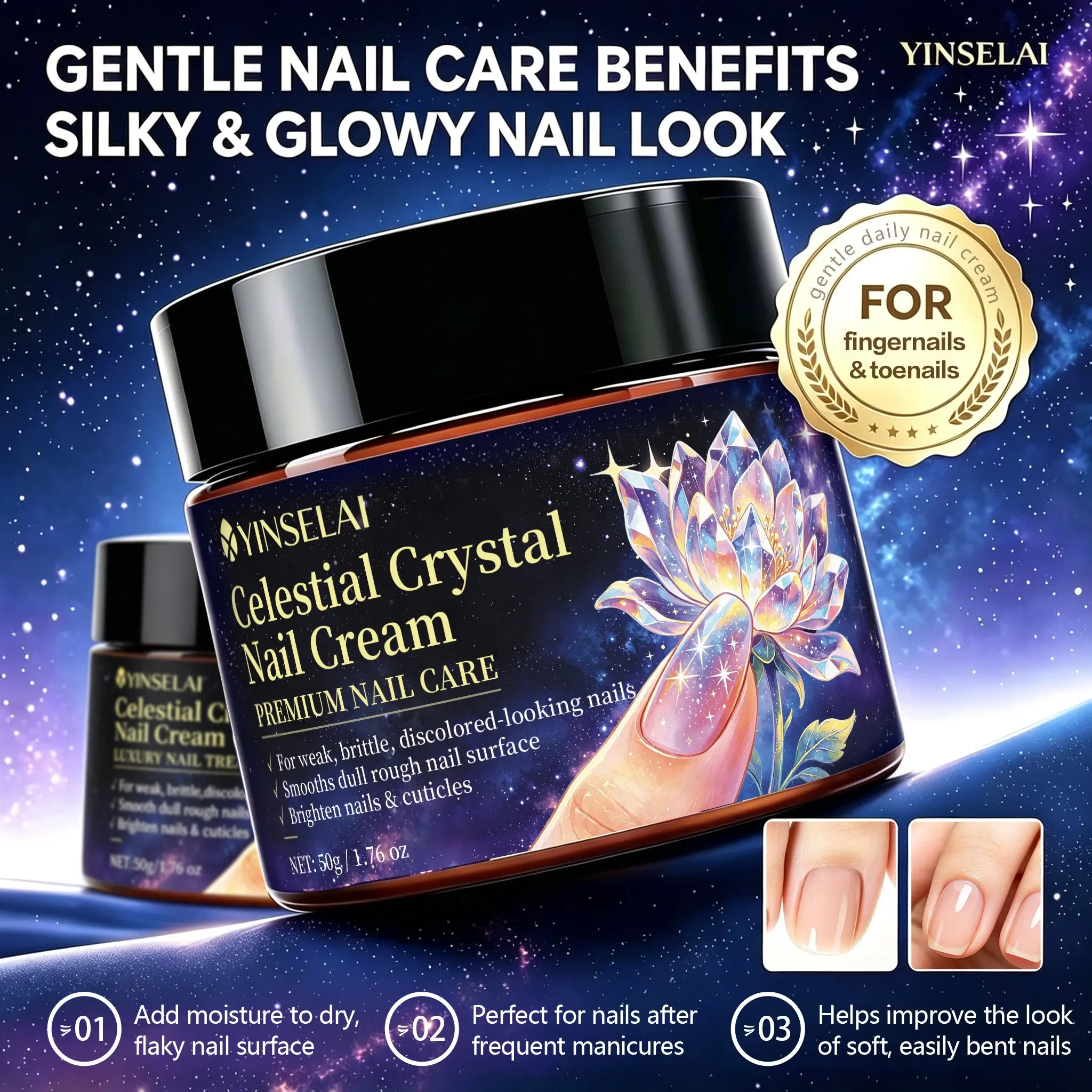 Yinselai Celestial Crystal Nail Cream, Revitalizes Dull Nails, Moisturizing Balm for Manicure Prep & Post-Removal Repair, Enhances Nail Shine