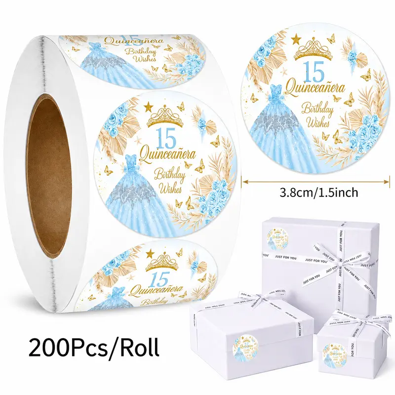 200Pcs 1.5Inch Mis Quince 15th Birthday Stickers Roll, Princess Dress Floral Quinceanera Round Labels For Party Favors, Sweet 15 Gift Wrapping, Thank You Envelope Sealing, Invitation Decor