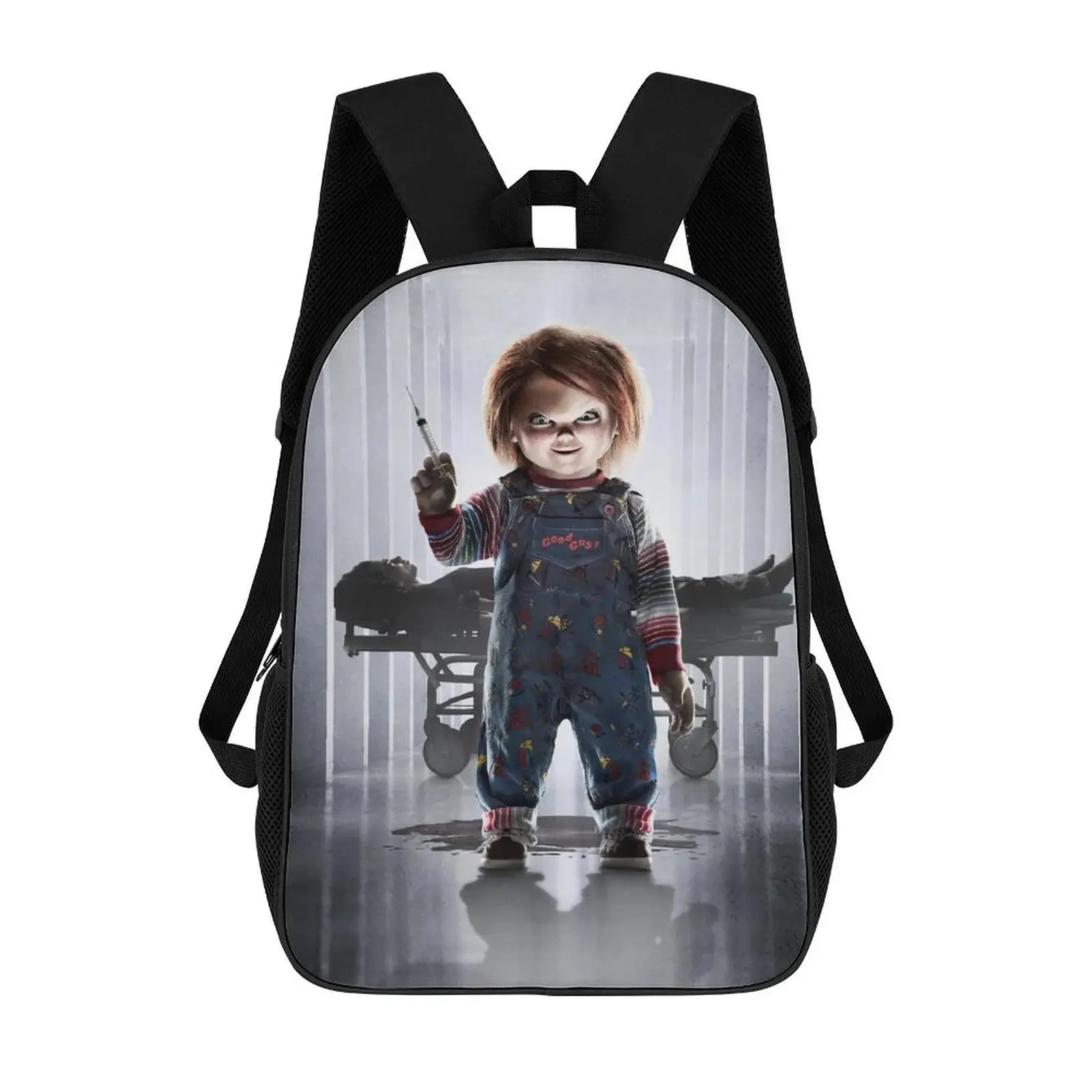 Chucky Horror Cartoon Character Printed Front Bag - Unisex Preppy Casual Oxford Cloth Bag for Male/Female Students, Durable Sturdy Construction, Comfortable Adjustable Shoulder Straps, Synthetic Fabric