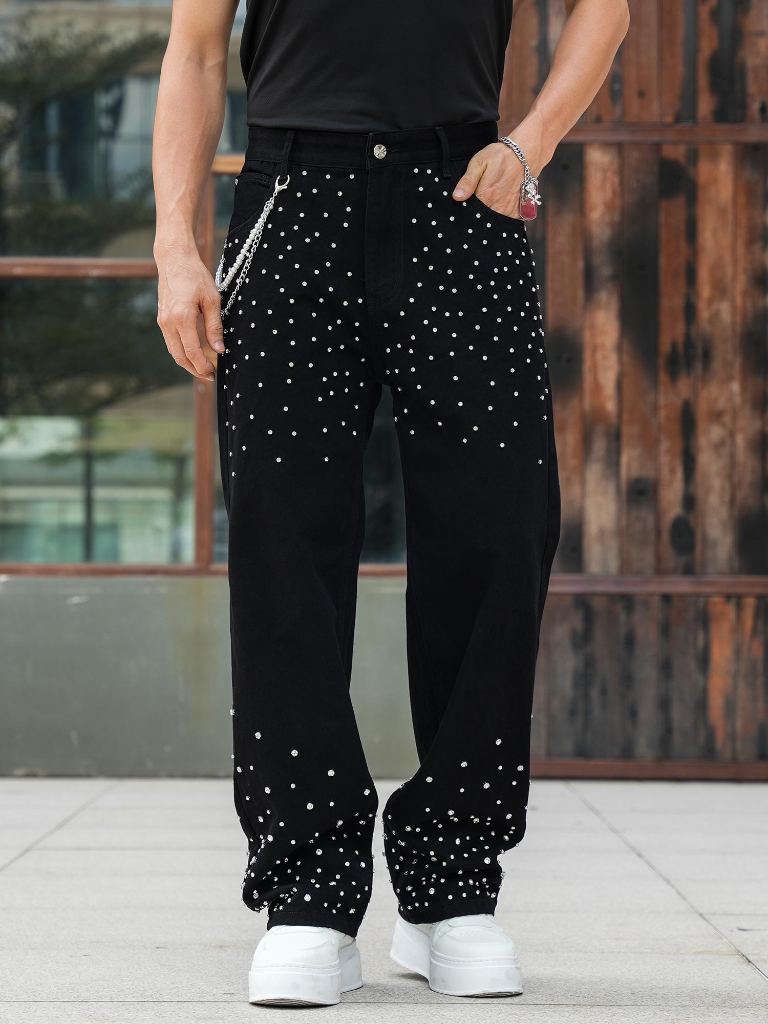 パンツ wide baggy rhinestones slacks Men's Rhinestone-Embellished Baggy Straight Black Jeans, Oversized